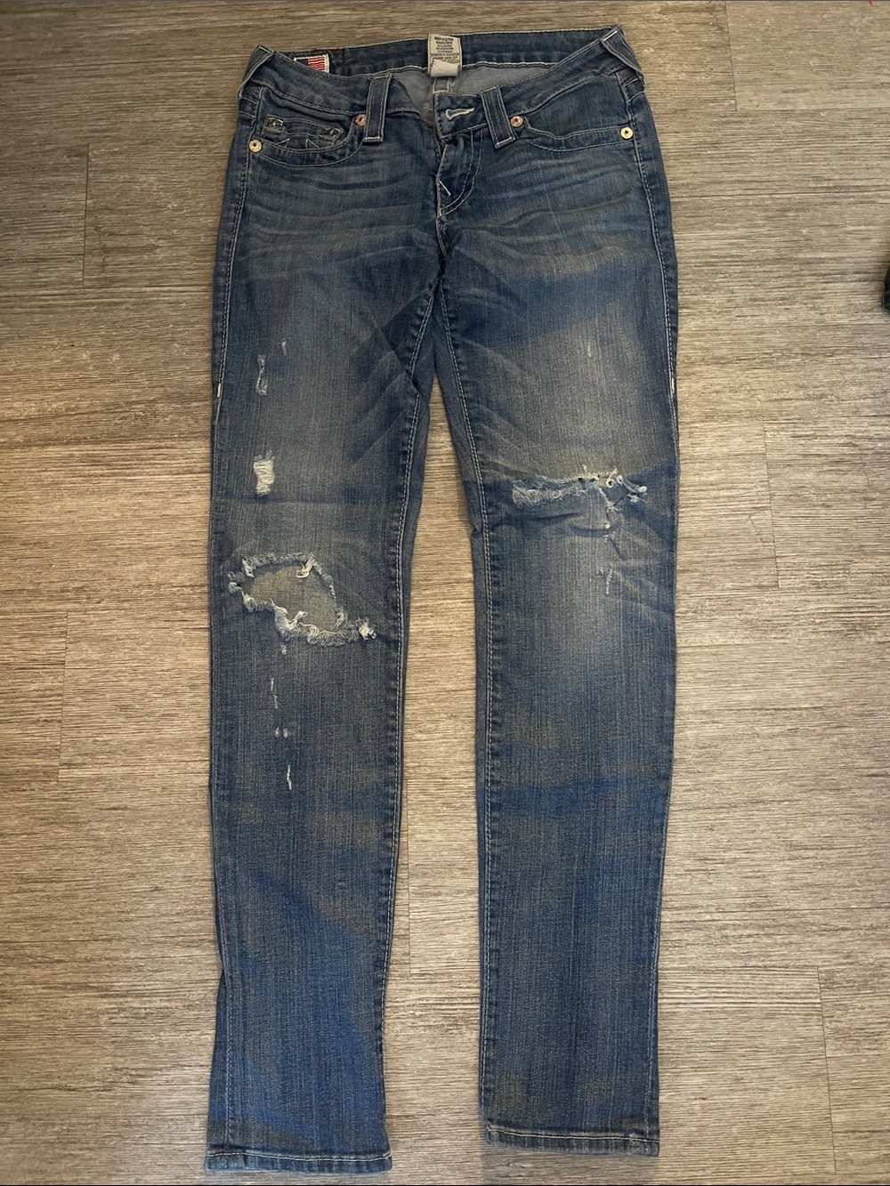 True Religion Women's Distressed Blue Straight Leg Jeans